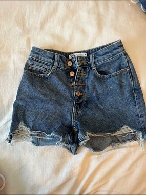 Zara Dark Blue Distressed High-Waist Denim Shorts
